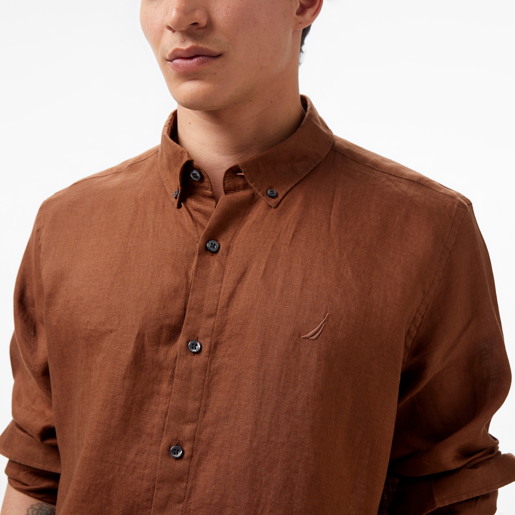 Nautica Erkek Kahverengi Classic Fit Uzun Kollu Keten Gömlek