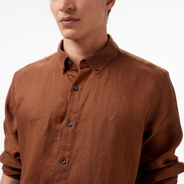  Nautica Erkek Kahverengi Classic Fit Uzun Kollu Keten Gömlek