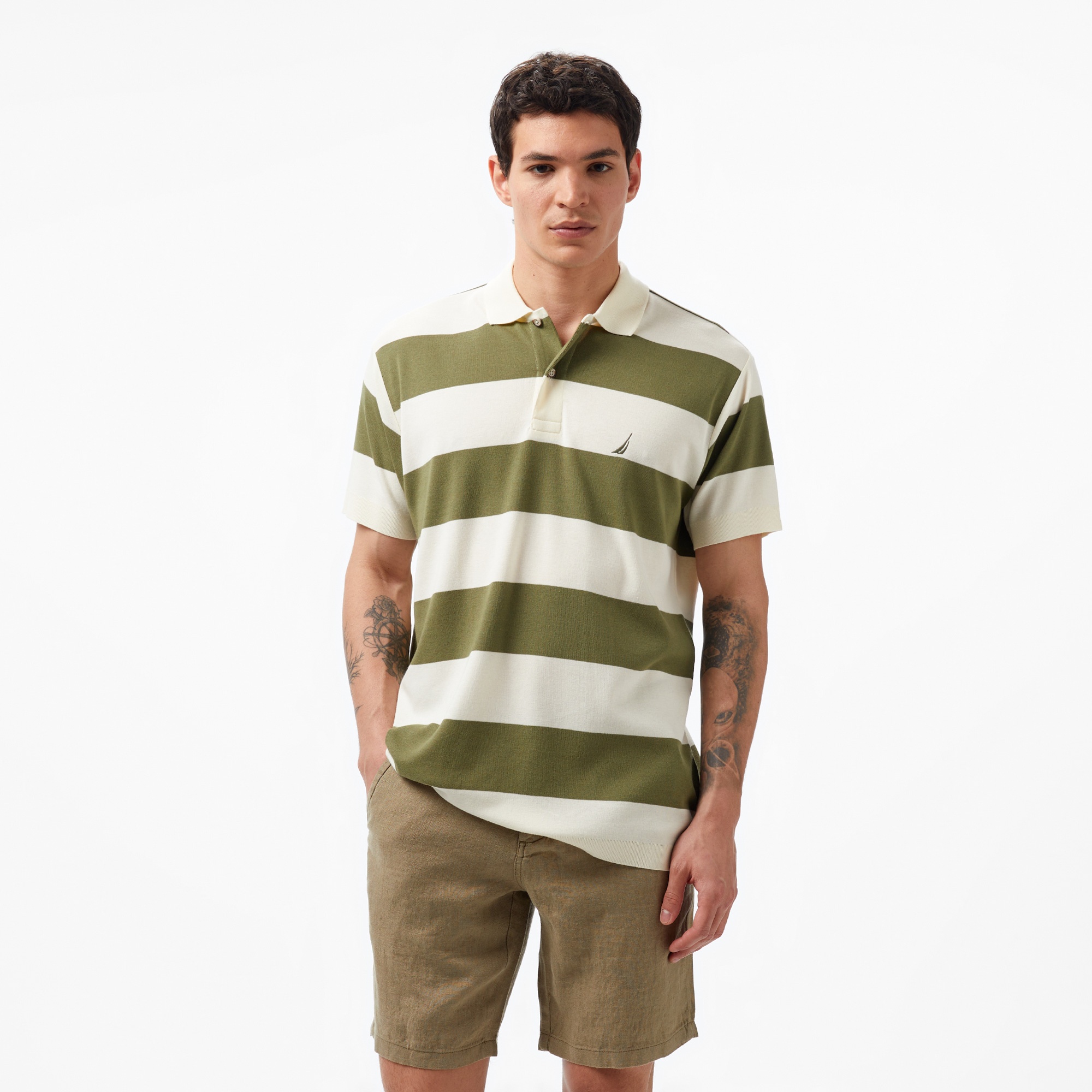 Nautica Erkek Yeşil Classic Fit Kısa Kollu Çizgili Polo Yaka T-Shirt