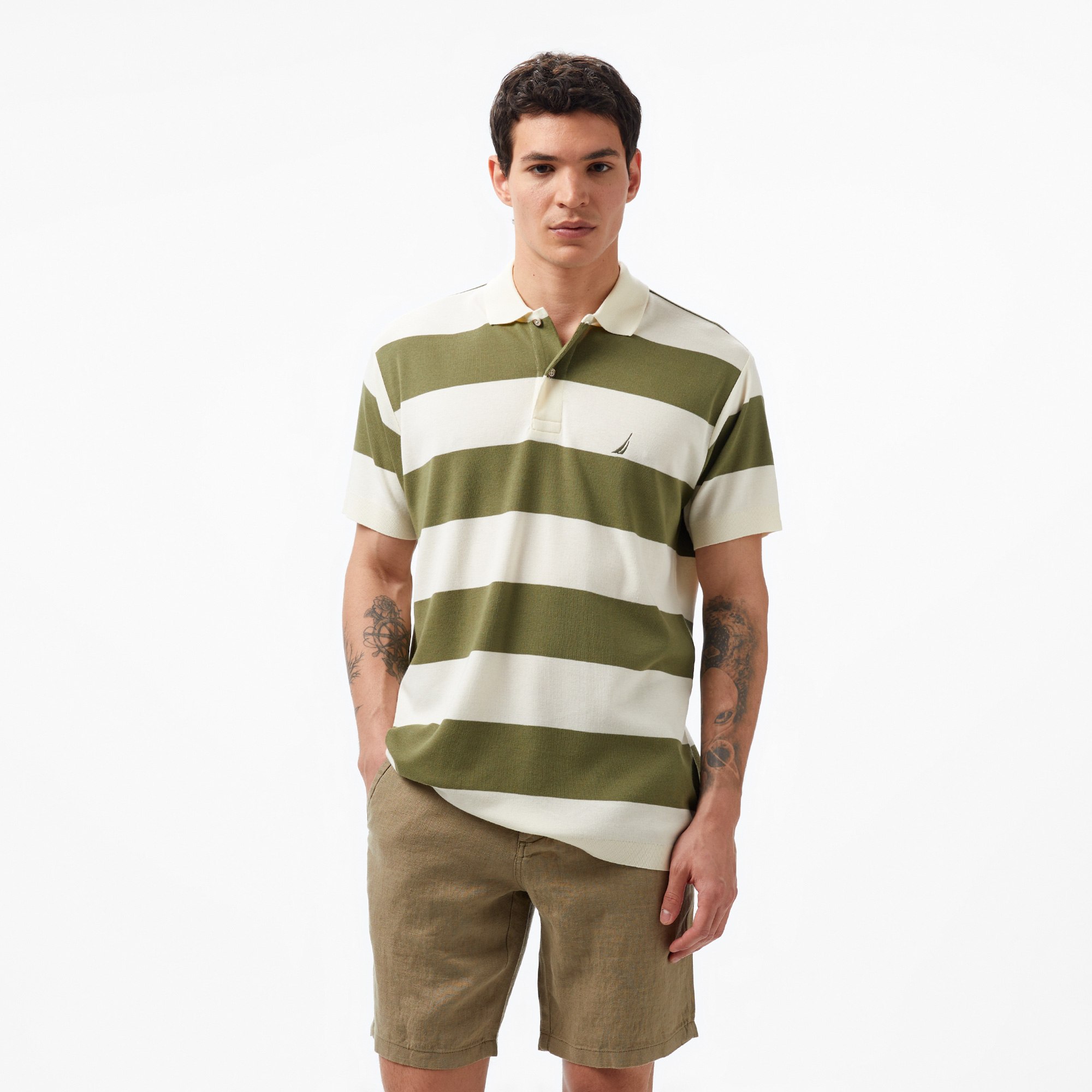  Nautica Erkek Yeşil Classic Fit Kısa Kollu Çizgili Polo
