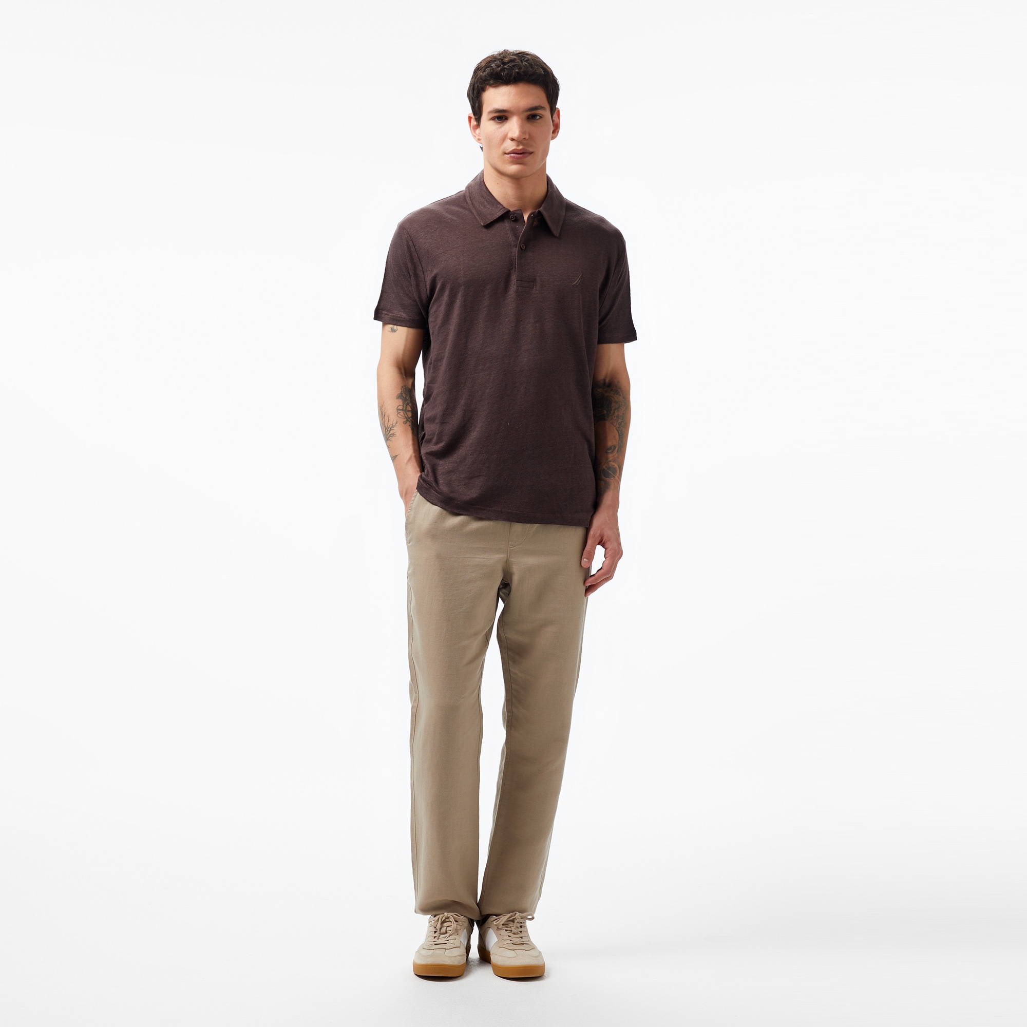 Nautica Erkek Kahverengi Classic Fit Kısa Kollu Keten Polo Yaka T-Shirt