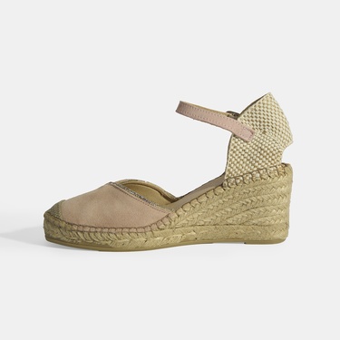  Pudra Kadın Toka Aksesuarlı Taş Detaylı Dolgu Topuklu Süet Espadril
