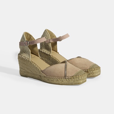  Pudra Kadın Toka Aksesuarlı Taş Detaylı Dolgu Topuklu Süet Espadril