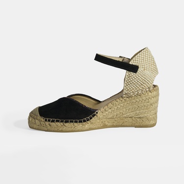  Siyah Kadın Toka Aksesuarlı Taş Detaylı Dolgu Topuklu Süet Espadril