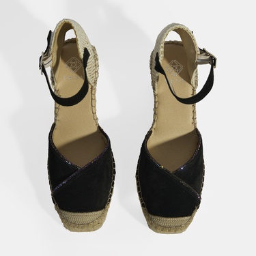  Siyah Kadın Toka Aksesuarlı Taş Detaylı Dolgu Topuklu Süet Espadril