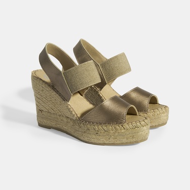  Gold Kadın Lastik Bantlı Slingback Dolgu Topuklu Deri Espadril