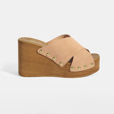  Kadın Pudra Zımba Detaylı Süet Dolgu Topuklu Terlik