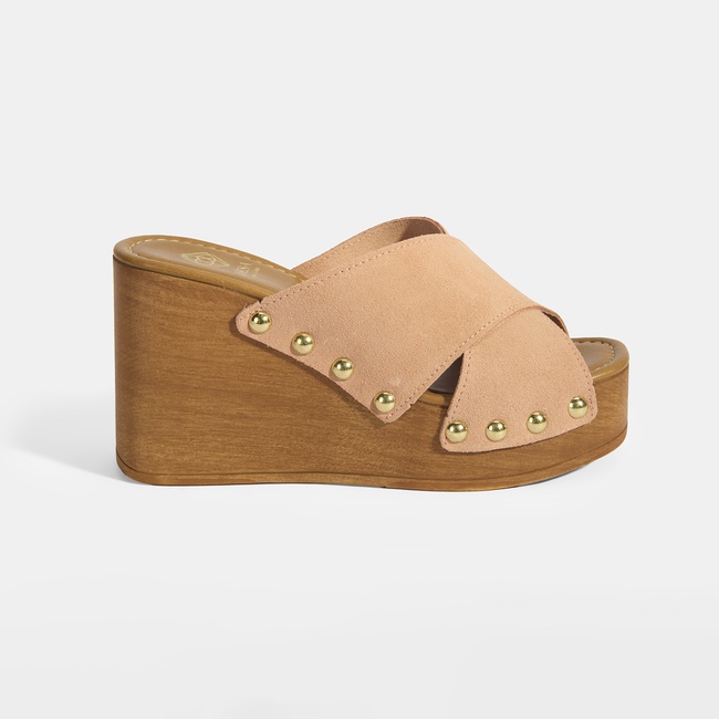  Kadın Pudra Zımba Detaylı Süet Dolgu Topuklu Terlik