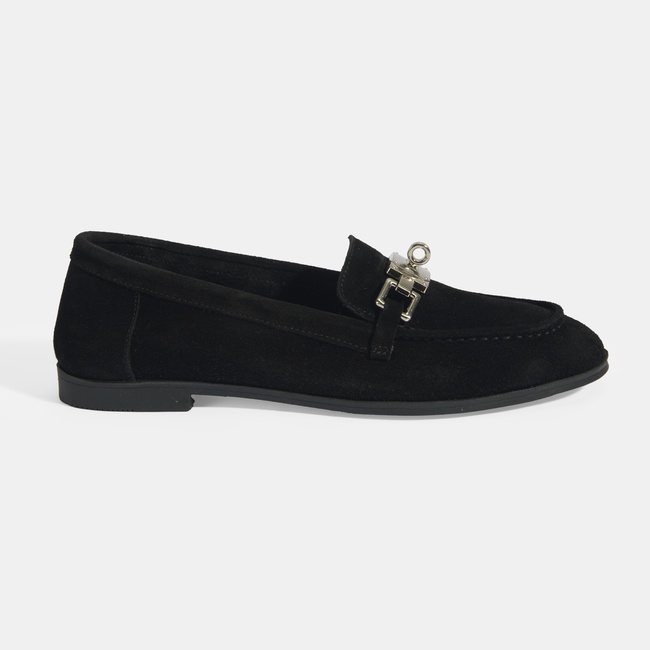  Kadın Siyah Kilit Aksesuarlı Slip-On Süet Loafer