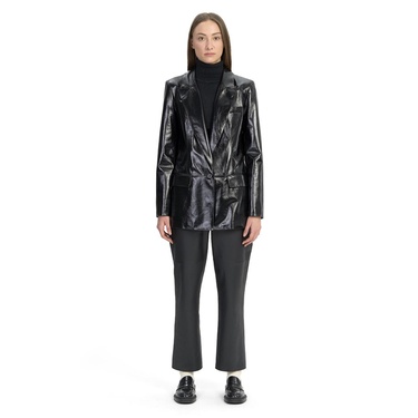  Minira Siyah Deri Blazer Ceket