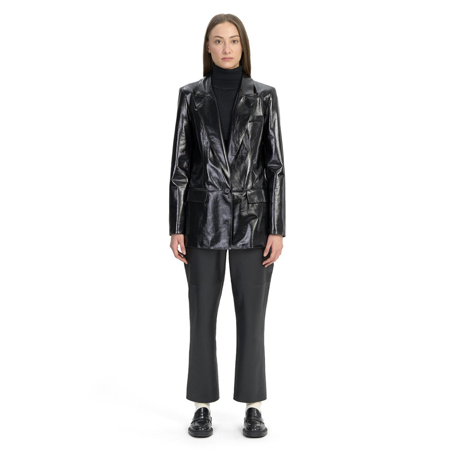  Minira Siyah Deri Blazer Ceket