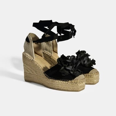  Limited Edition Siyah Kadın Çiçek Aksesuarlı Jüt Bağcıklı Dolgu Topuklu Süet Espadril