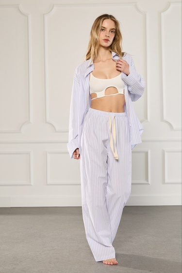  Beli Lastikli Çizgili Poplin Pantolon