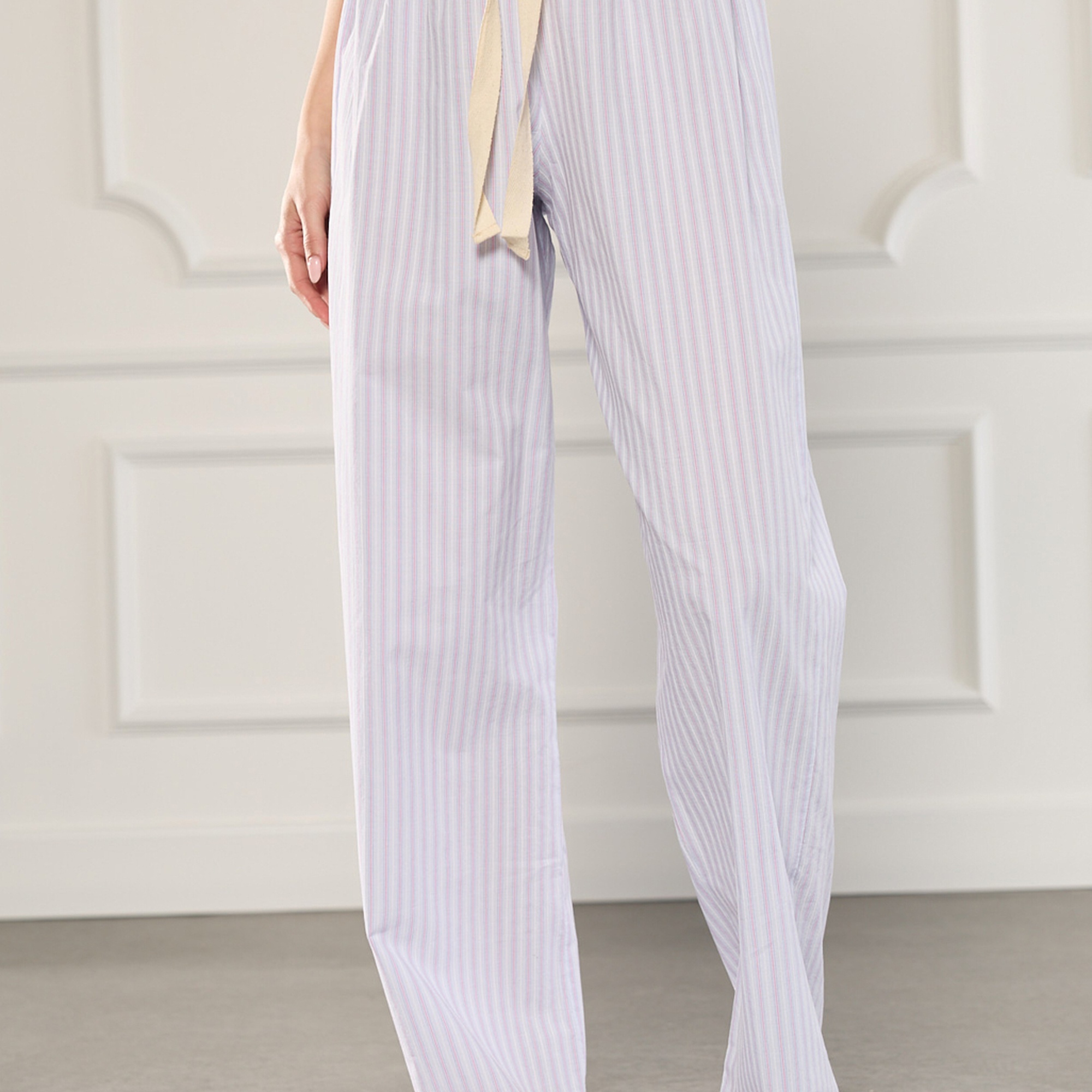 Beli Lastikli Çizgili Poplin Pantolon