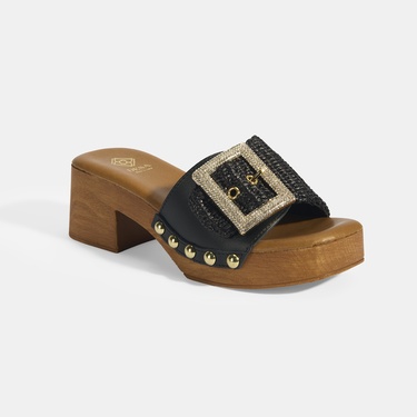  Kadın Siyah Ayarlanabilir Toka Detaylı Topuklu Terlik