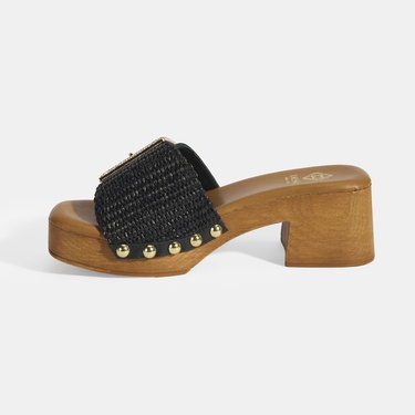  Kadın Siyah Ayarlanabilir Toka Detaylı Topuklu Terlik