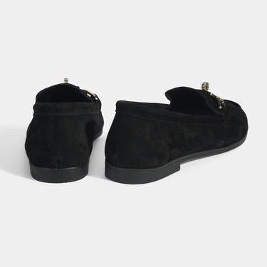  Kadın Siyah Kilit Aksesuarlı Slip-On Süet Loafer
