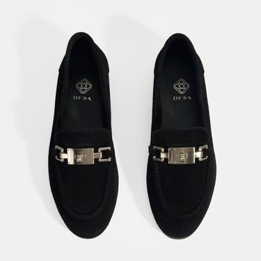  Kadın Siyah Kilit Aksesuarlı Slip-On Süet Loafer