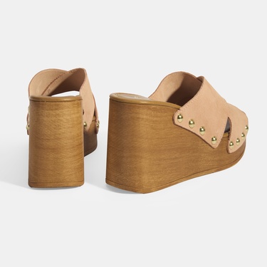  Kadın Pudra Zımba Detaylı Süet Dolgu Topuklu Terlik