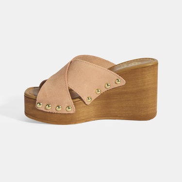  Kadın Pudra Zımba Detaylı Süet Dolgu Topuklu Terlik