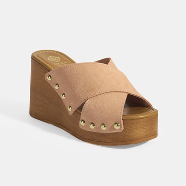  Kadın Pudra Zımba Detaylı Süet Dolgu Topuklu Terlik