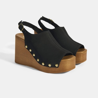  Kadın Siyah Ayarlanabilir Toka Detaylı Süet Dolgu Topuklu Sandalet