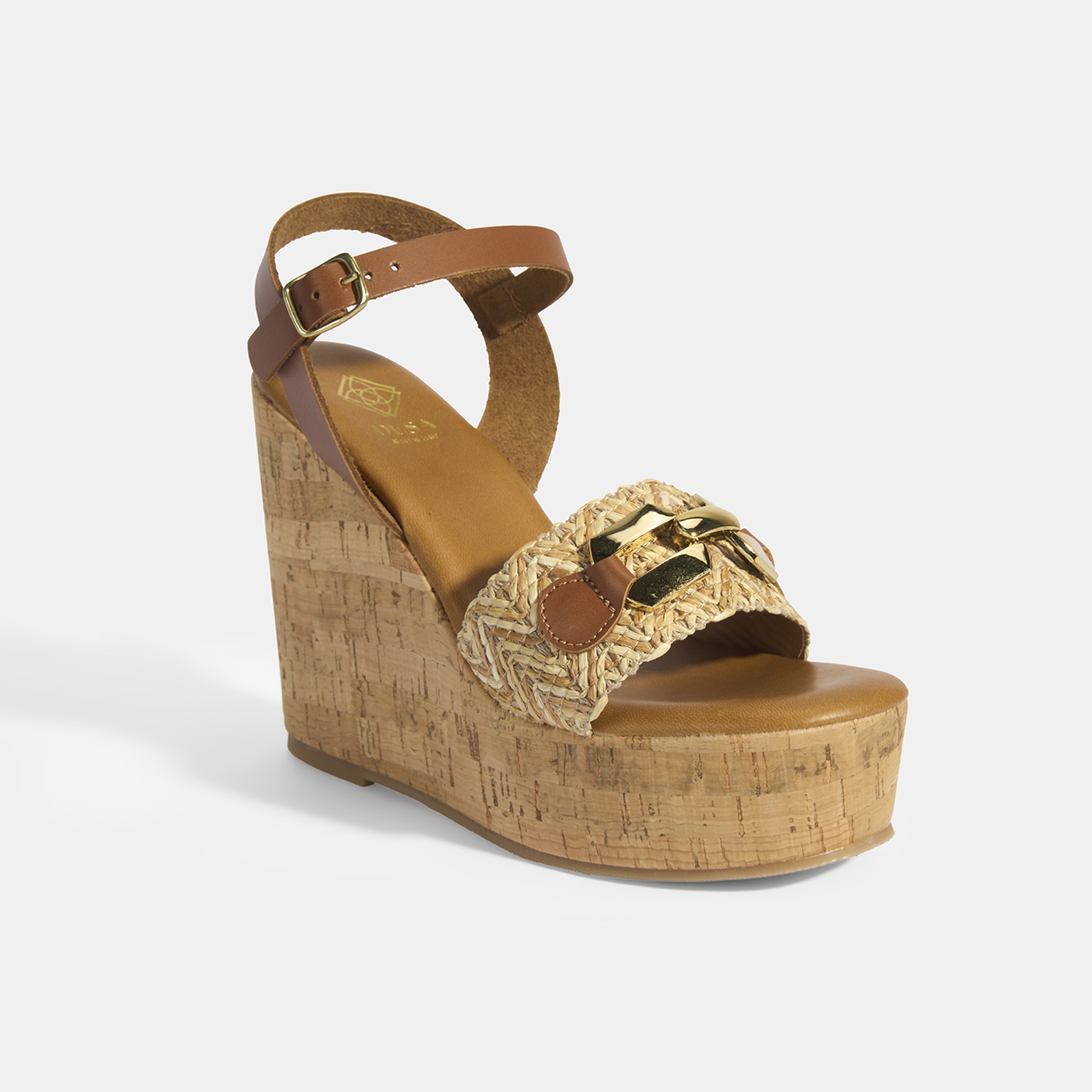 Kadın Kahve Toka Aksesuarlı Deri Detaylı Dolgu Topuklu Sandalet