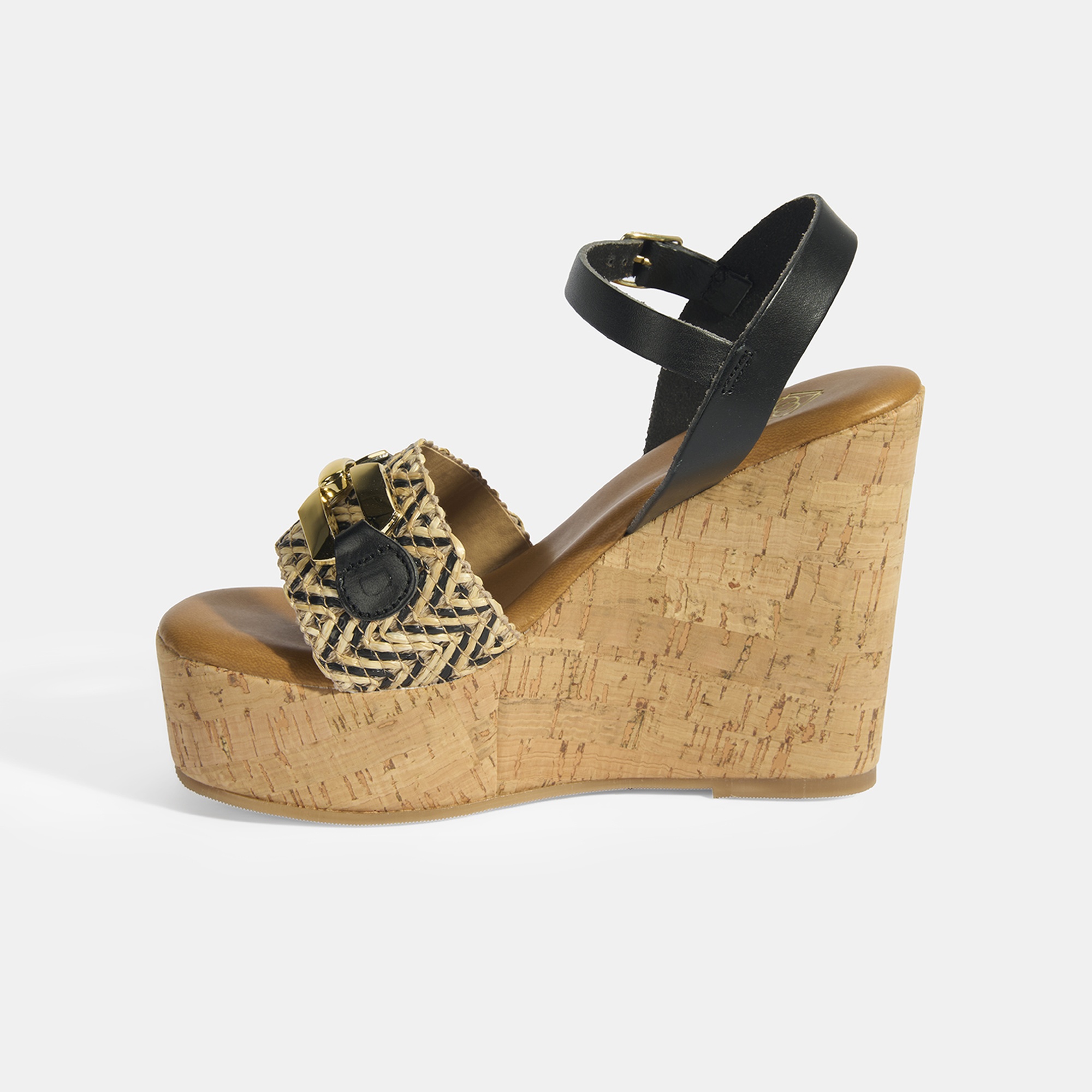 Kadın Siyah Toka Aksesuarlı Deri Detaylı Dolgu Topuklu Sandalet