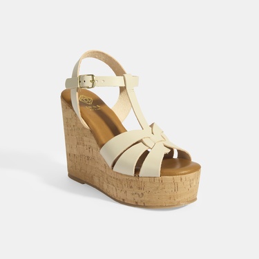  Kadın Beyaz Toka Aksesuarlı T-Bant Deri Dolgu Topuklu Sandalet