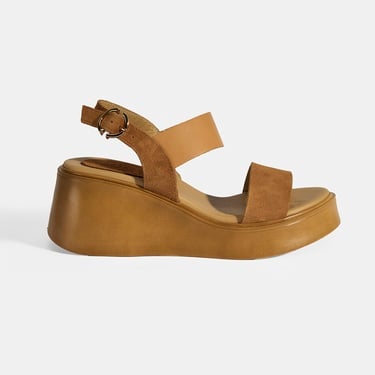  Kadın Taba Ayarlanabilir Tokalı Deri Detaylı Dolgu Topuklu Süet Sandalet