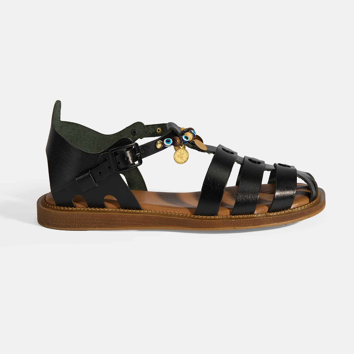  Kadın Siyah Aksesuar Detaylı Ayarlanabilir Tokalı Deri Sandalet