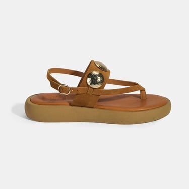  Kadın Taba Metal Aksesuarlı Ayarlanabilir Tokalı Süet Sandalet