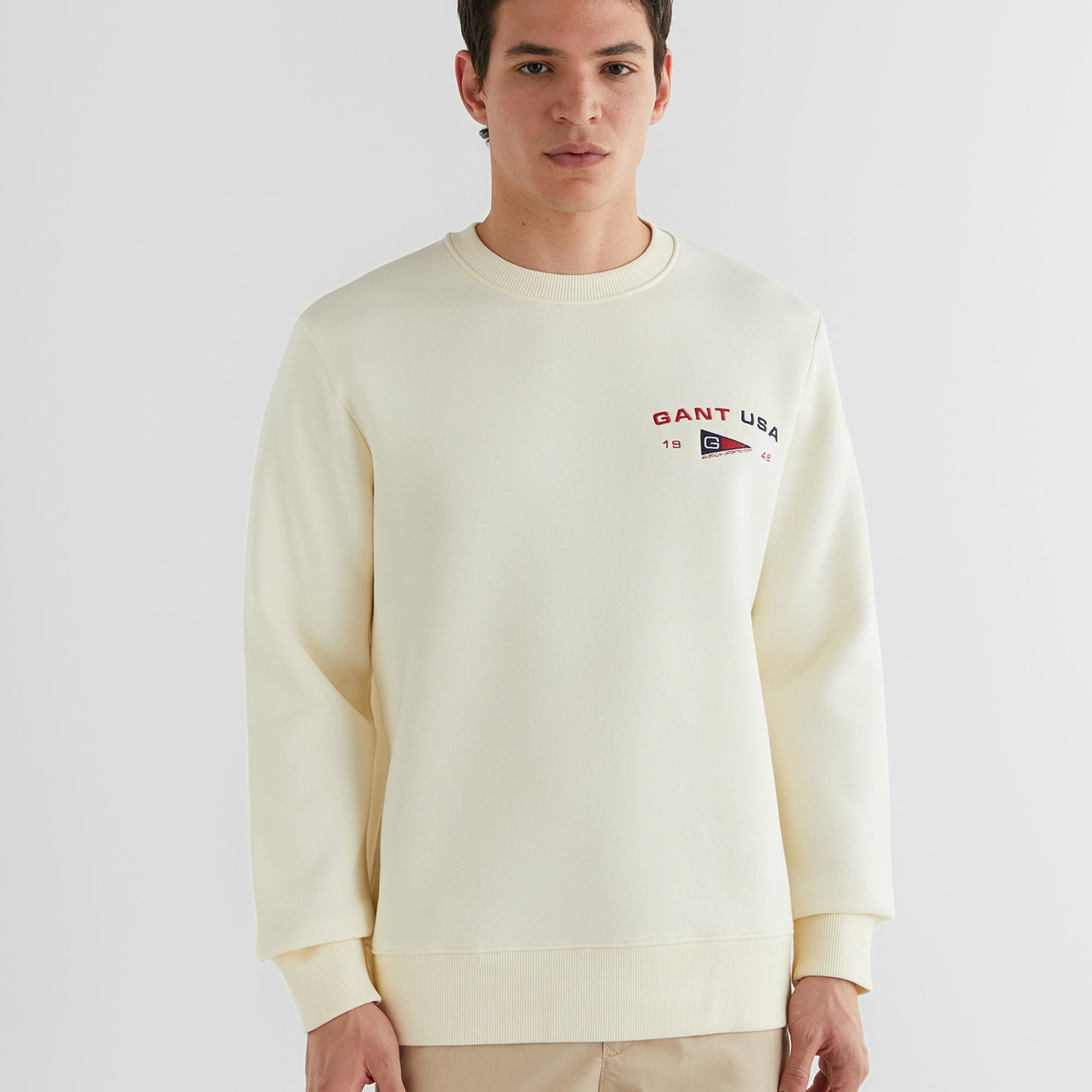 GANT Erkek Krem Regular Fit Bisiklet Yaka Logolu Sweatshirt