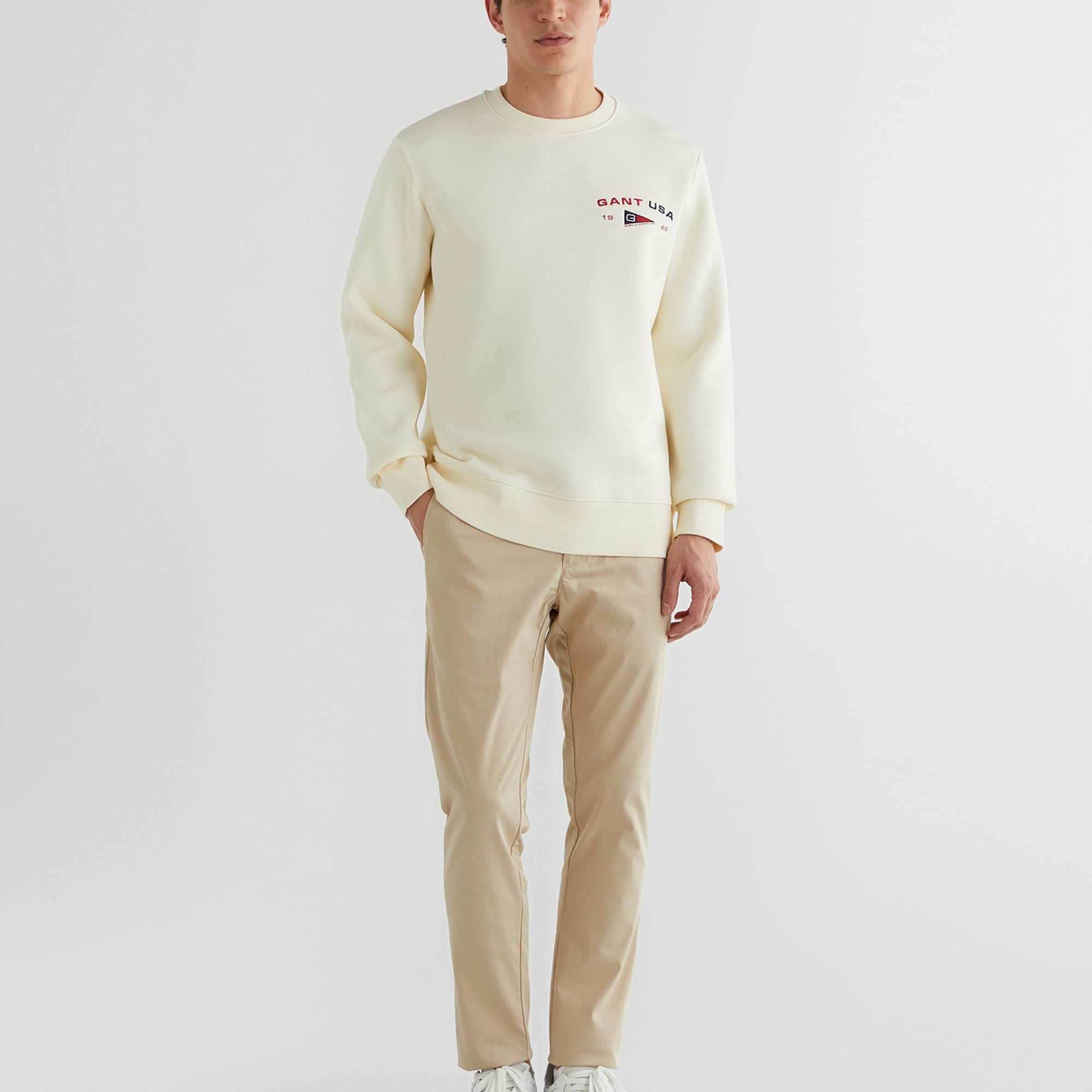 GANT Erkek Krem Regular Fit Bisiklet Yaka Logolu Sweatshirt