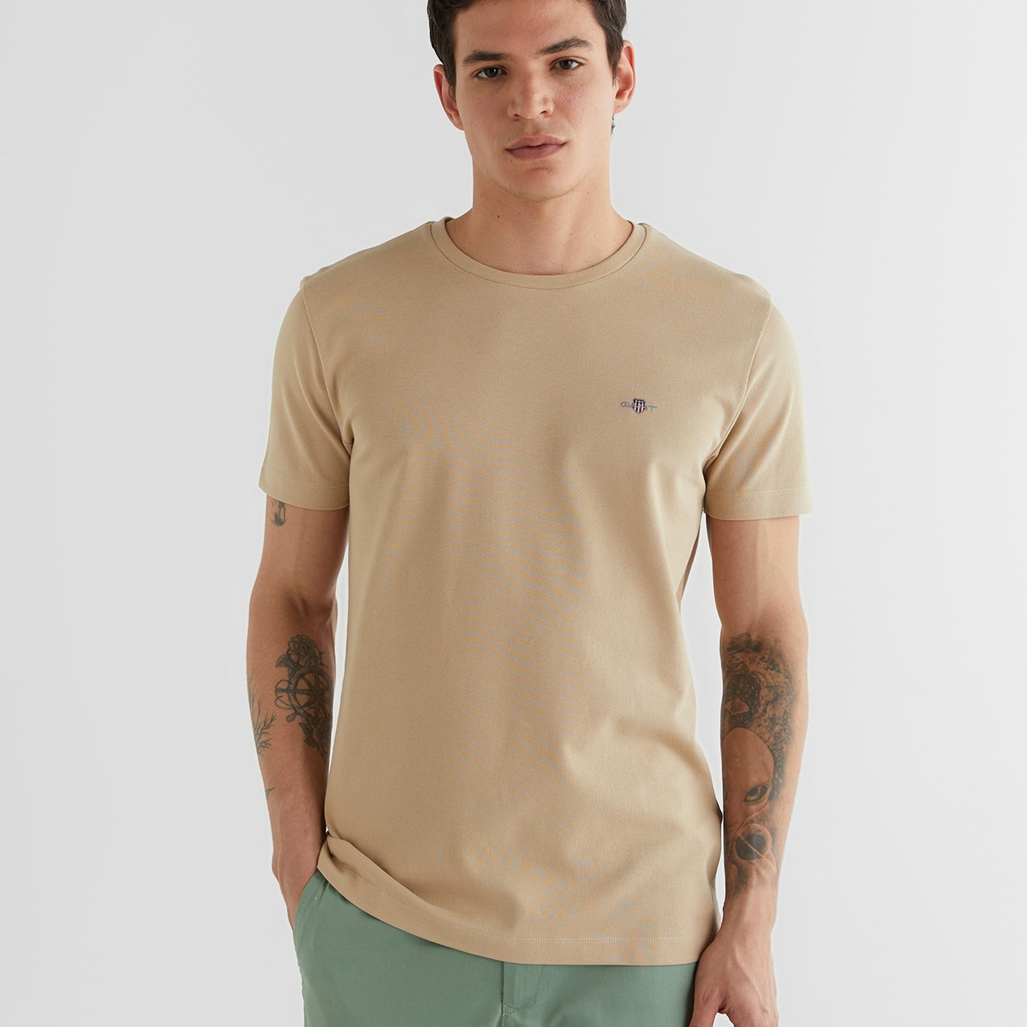 GANT Erkek Bej Slim Fit Bisiklet Yaka T-Shirt