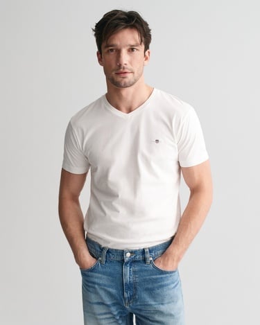  GANT Erkek Beyaz Slim Fit V Yaka T-Shirt