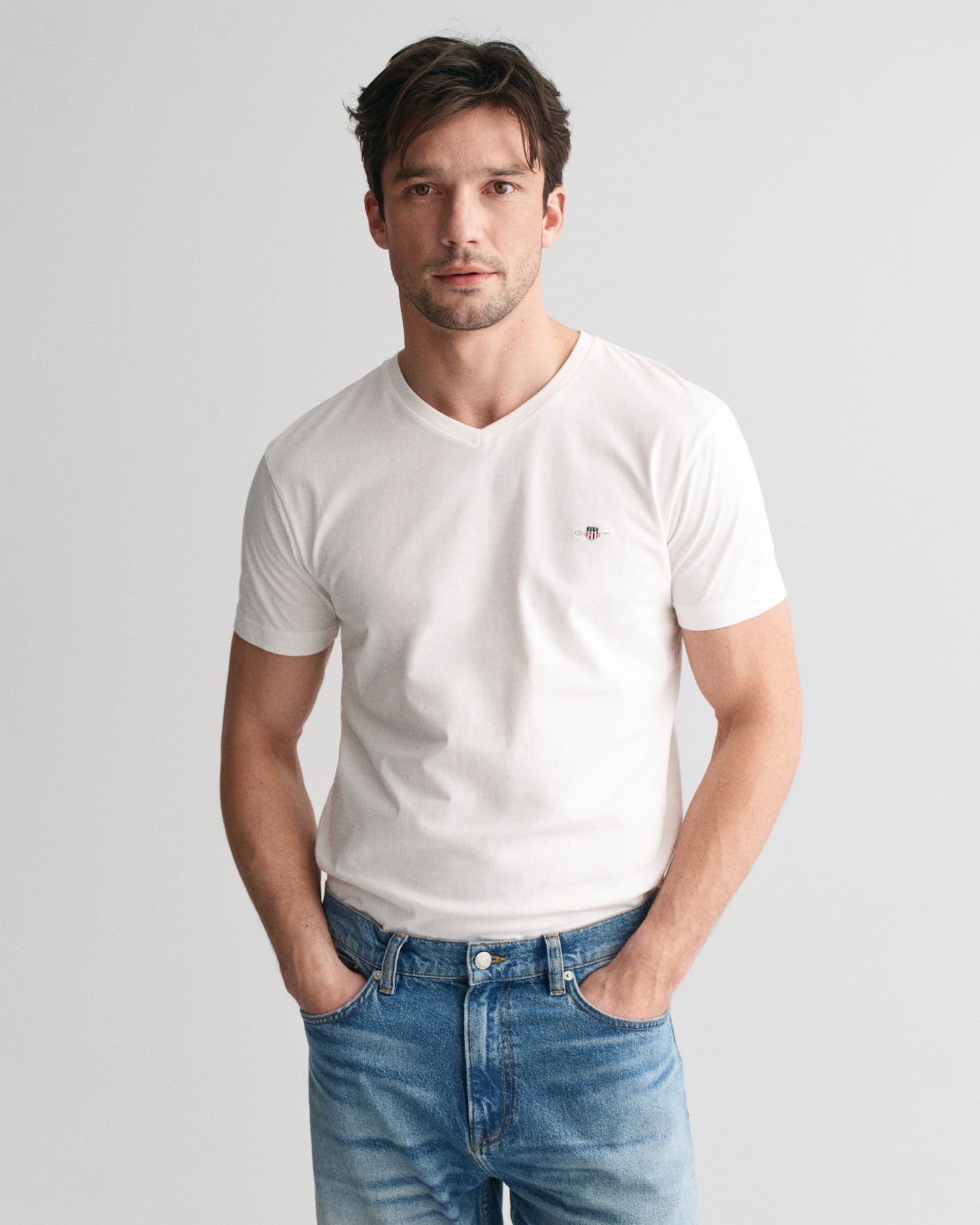  GANT Erkek Beyaz Slim Fit V Yaka T-Shirt