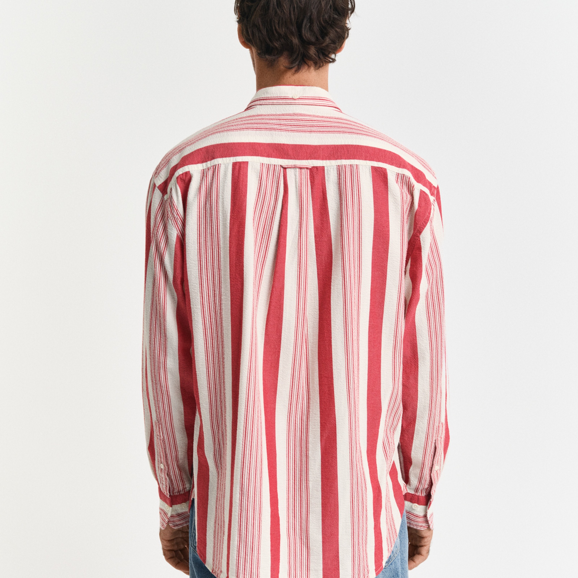 GANT Erkek Kırmızı Relaxed Fit Düğmeli Yaka Çizgili Gömlek