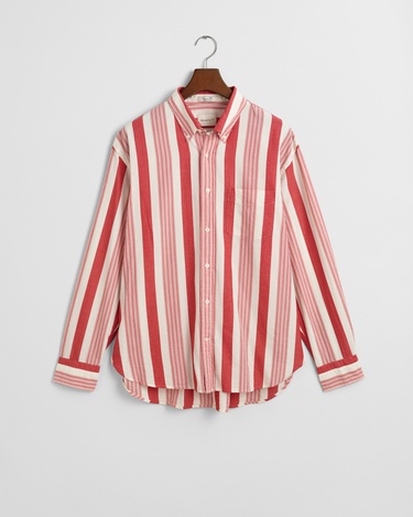  GANT Erkek Kırmızı Relaxed Fit Düğmeli Yaka Çizgili Gömlek