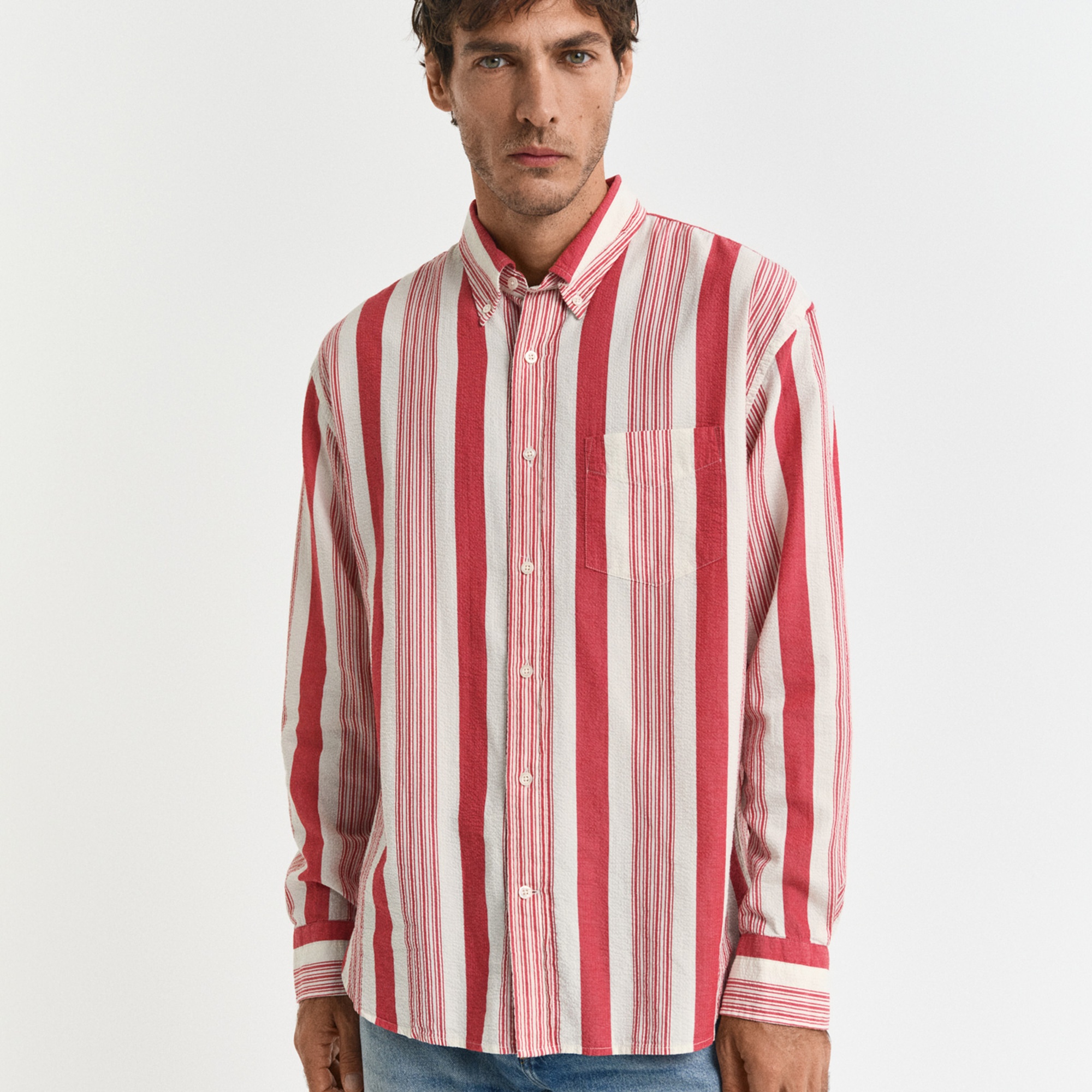 GANT Erkek Kırmızı Relaxed Fit Düğmeli Yaka Çizgili Gömlek