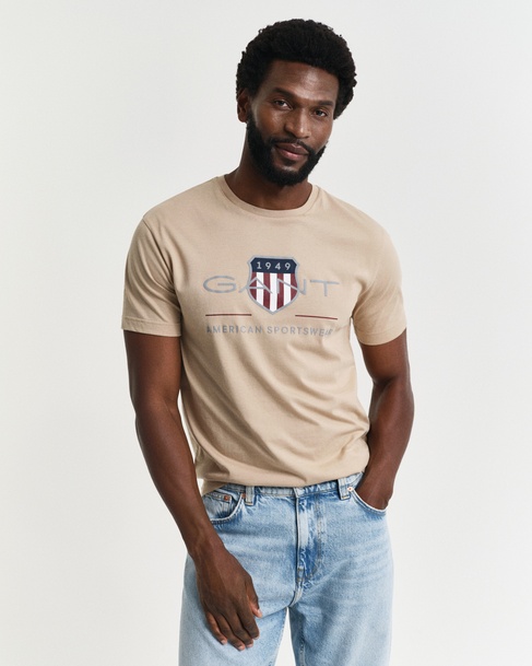  GANT Erkek Bej Regular Fit Bisiklet Yaka Logolu T-Shirt