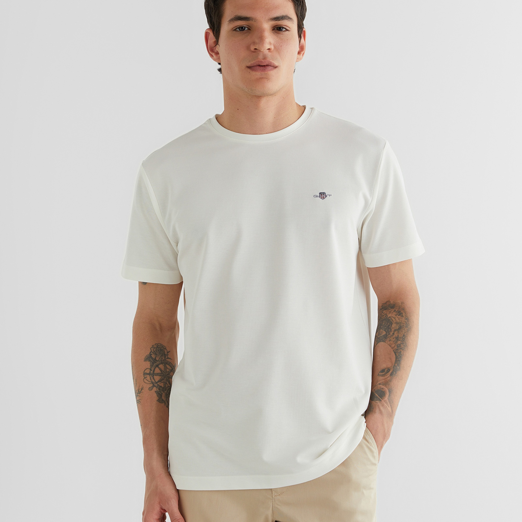 GANT Erkek Krem Regular Fit Bisiklet Yaka T-Shirt