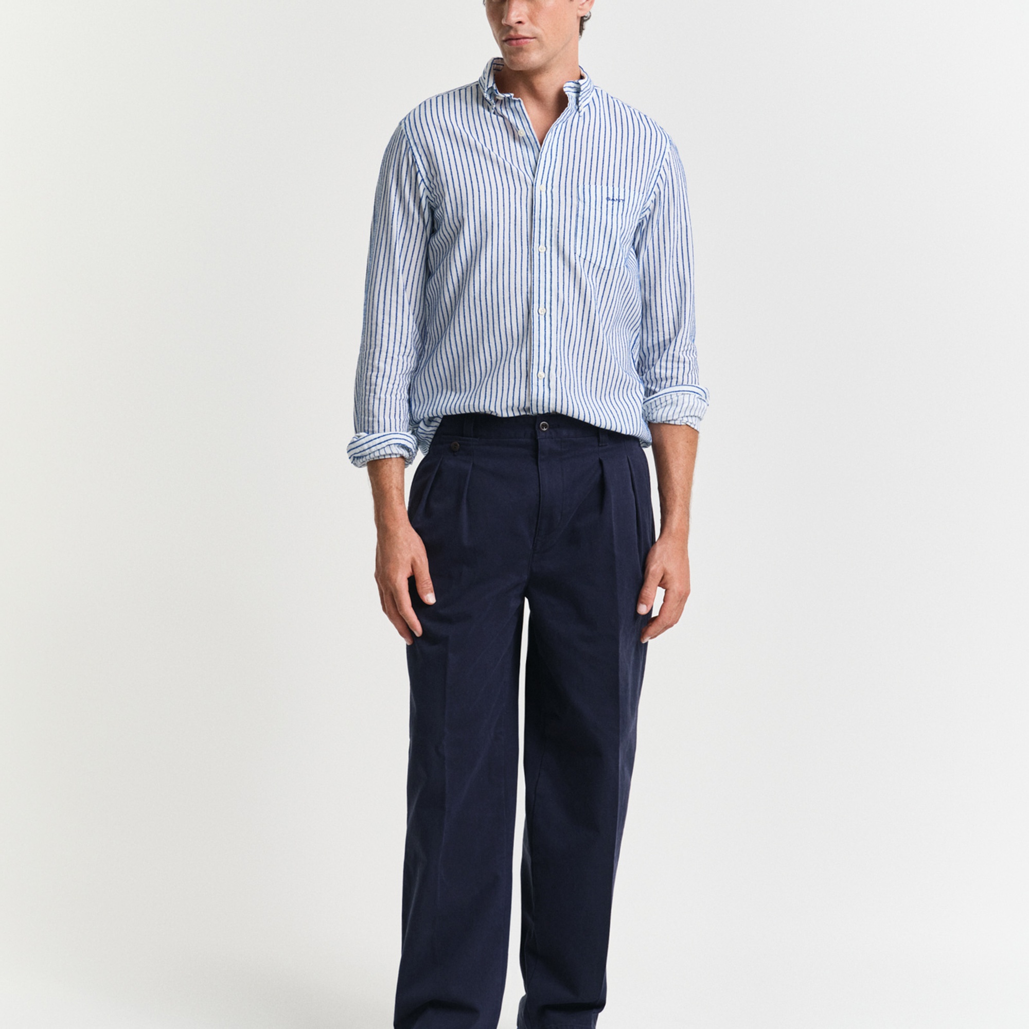 GANT Erkek Lacivert Regular Fit Düğmeli Yaka Çizgili Gömlek