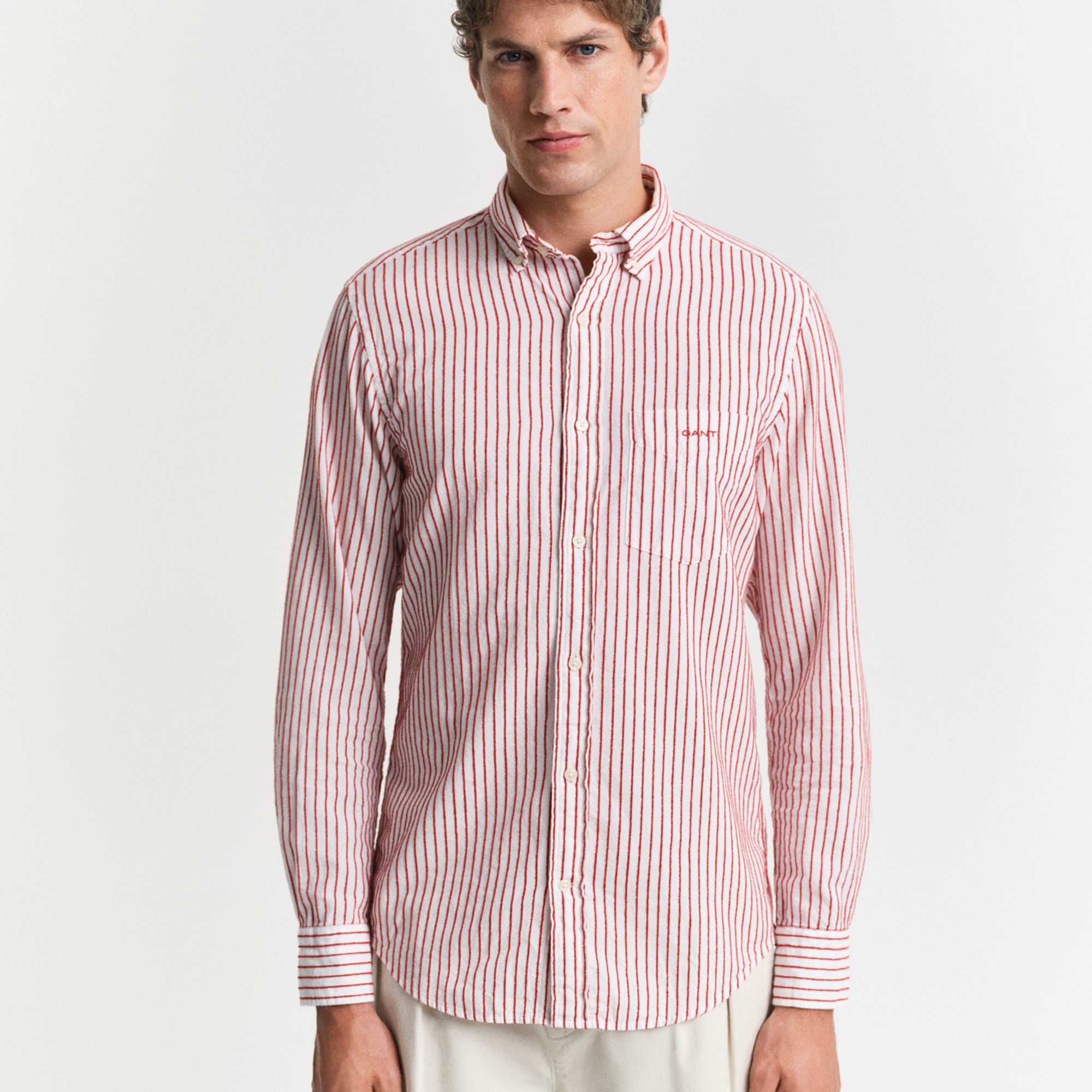 GANT Erkek Kırmızı Regular Fit Düğmeli Yaka Çizgili Gömlek