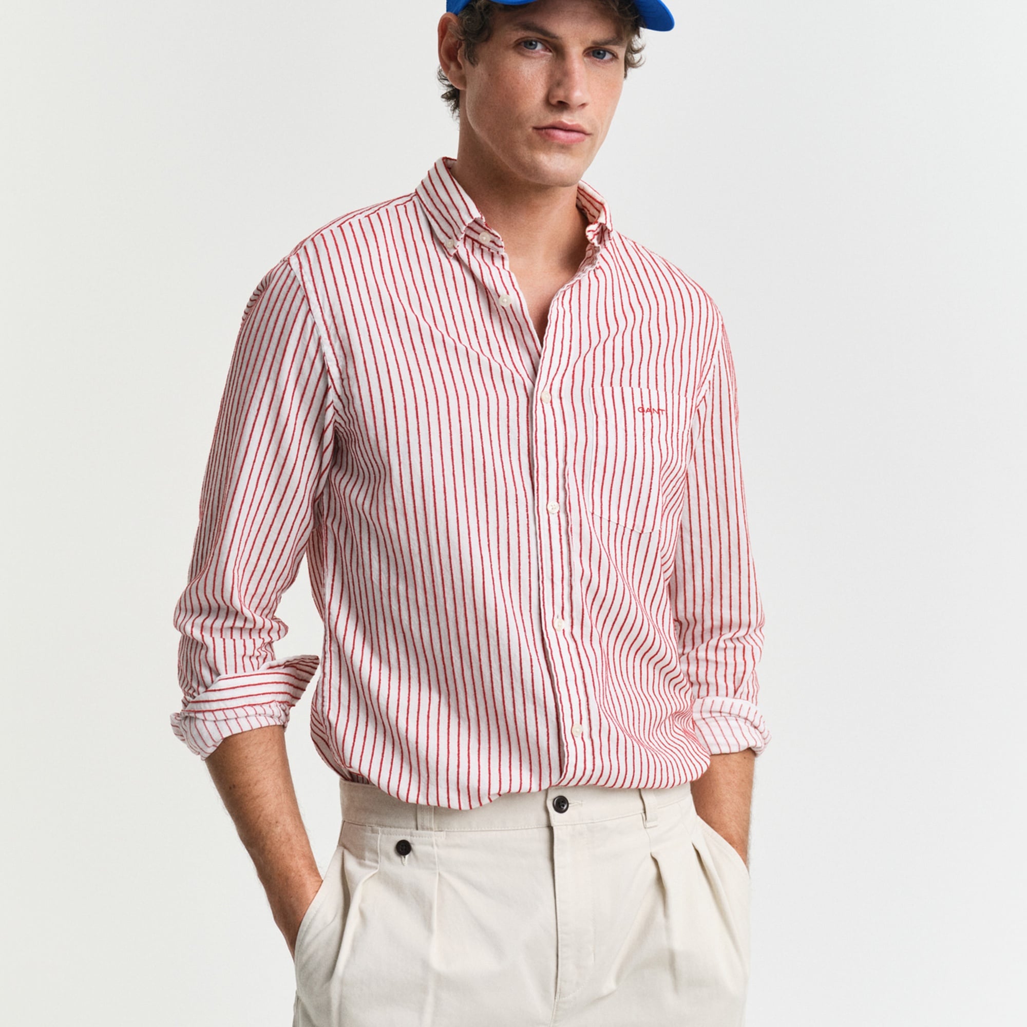 GANT Erkek Kırmızı Regular Fit Düğmeli Yaka Çizgili Gömlek