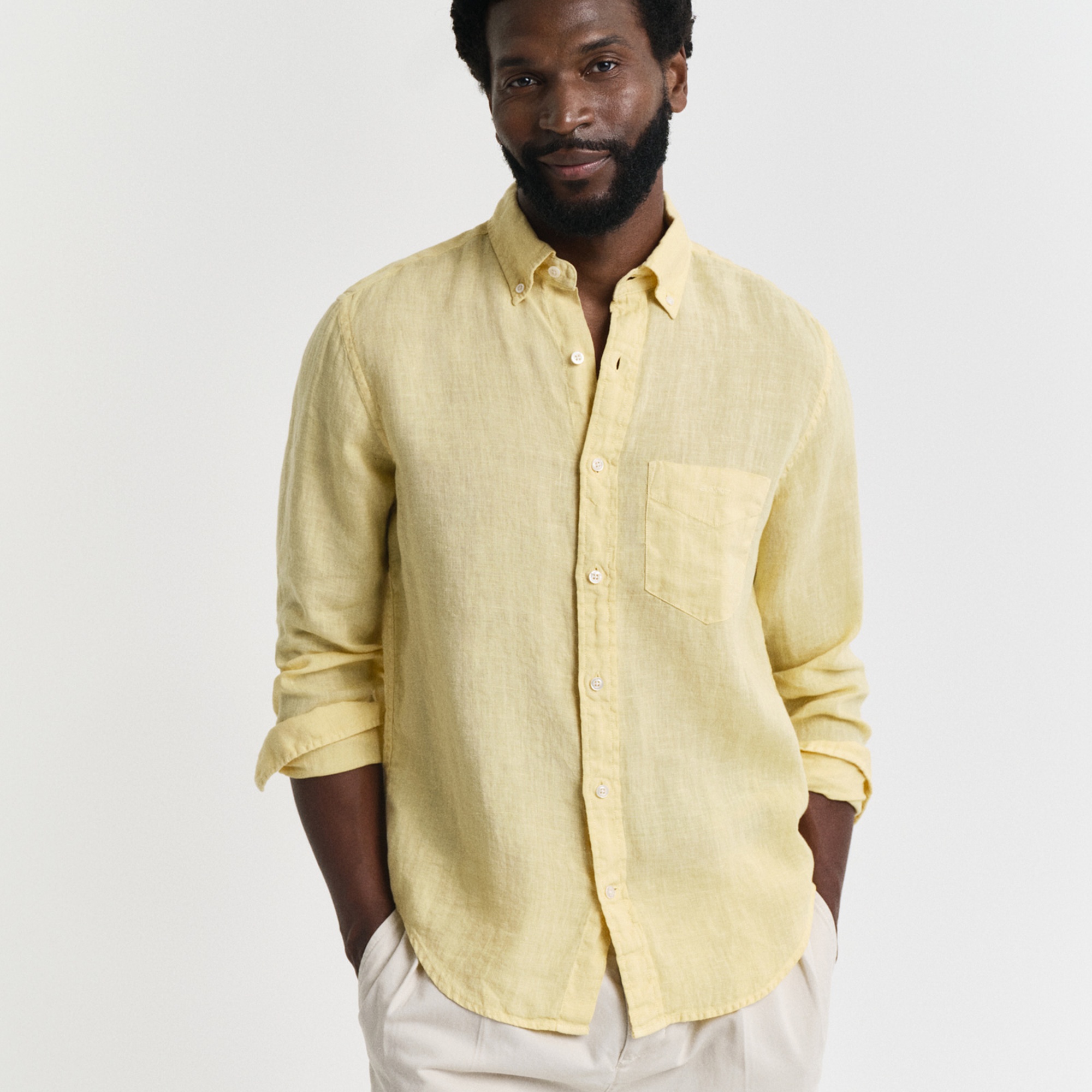 GANT Erkek Sarı Regular Fit Düğmeli Yaka Keten Gömlek