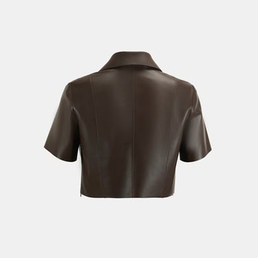  Kadın Kahve Lazer Kesimli Kısa Perforeli Deri Gömlek