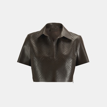  Kadın Kahve Lazer Kesimli Kısa Perforeli Deri Gömlek