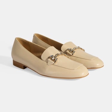  Luca Grossi Kadın Bej Taşlı Toka Aksesuarlı Deri Loafer