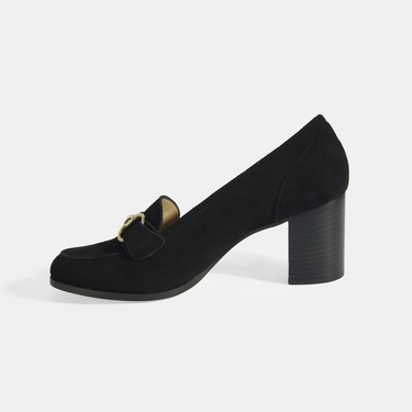  Luca Grossi Kadın Siyah Metal Aksesuarlı Süet Topuklu Loafer